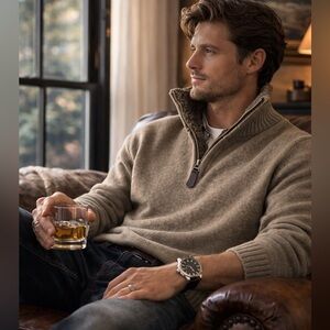 Oscar de la Renta Men’s Quarter Zip Knit Sweater | Leather Pull | Quiet Luxury